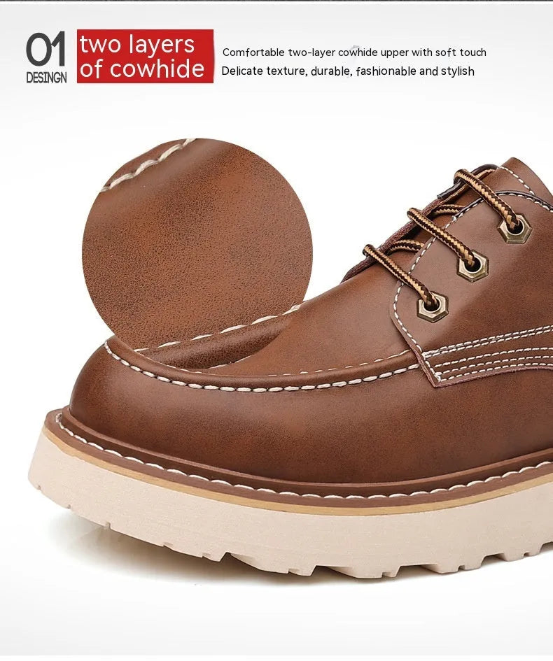Men's black low-top Martin boots with a round toe and rubber sole on a plain background.