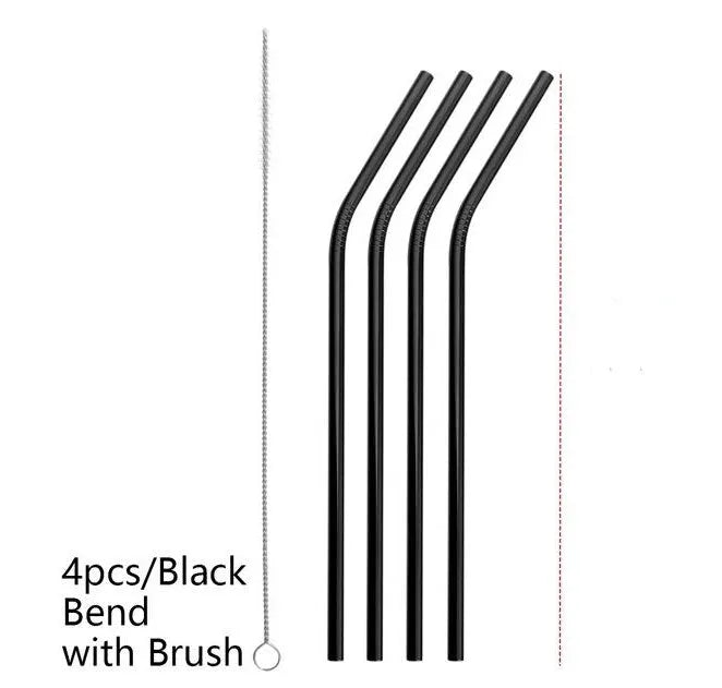 Set of four colourful reusable stainless steel straws in straight and bent styles with a cleaning brush.