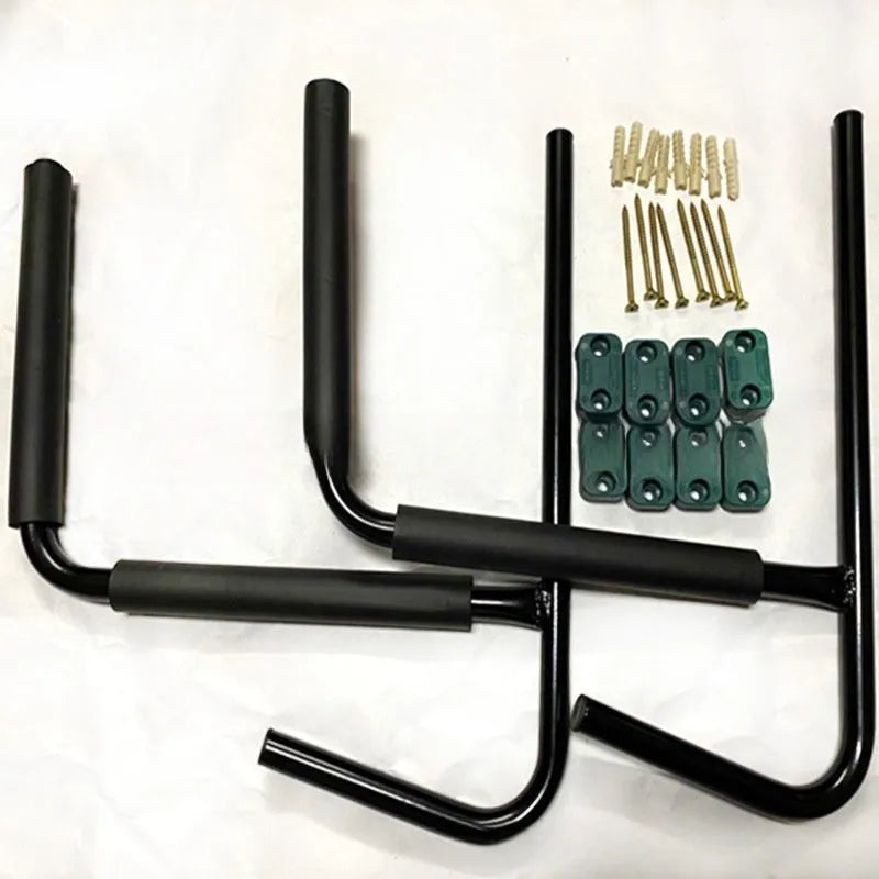 Carbon steel kayak and surfboard wall hanger rack for vertical storage.