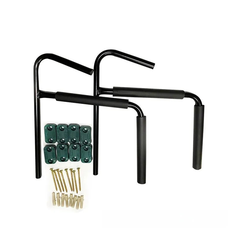 Carbon steel kayak and surfboard wall hanger rack for vertical storage.