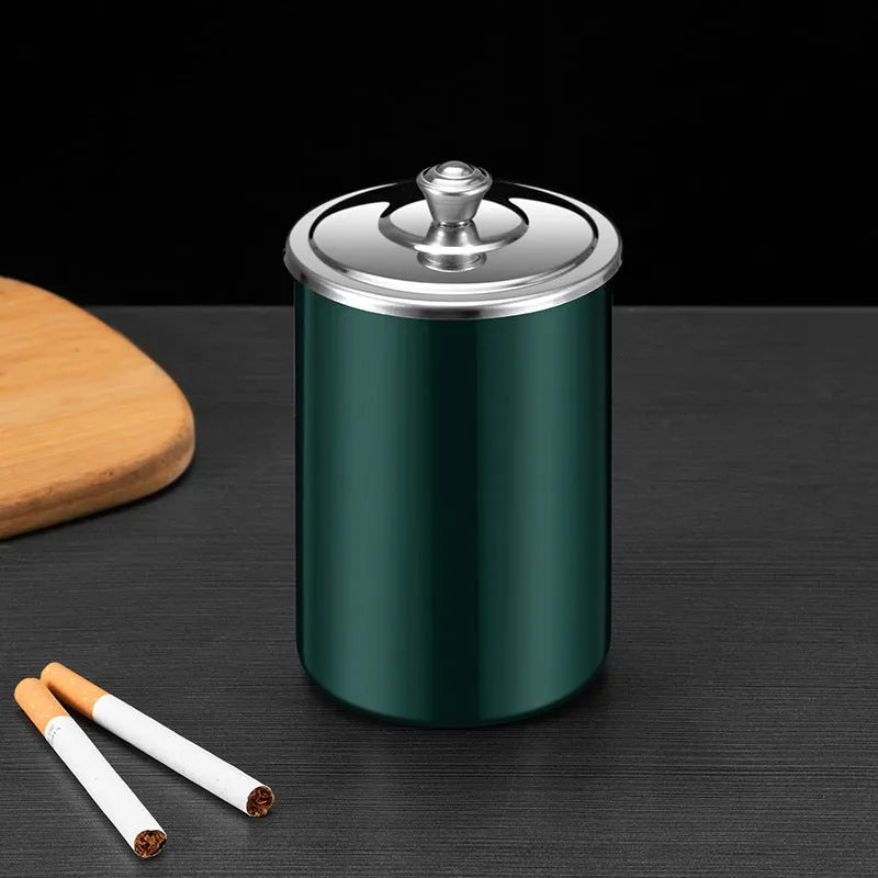 Stainless steel fly ash ashtray with a removable cover, funnel, and smoke button.