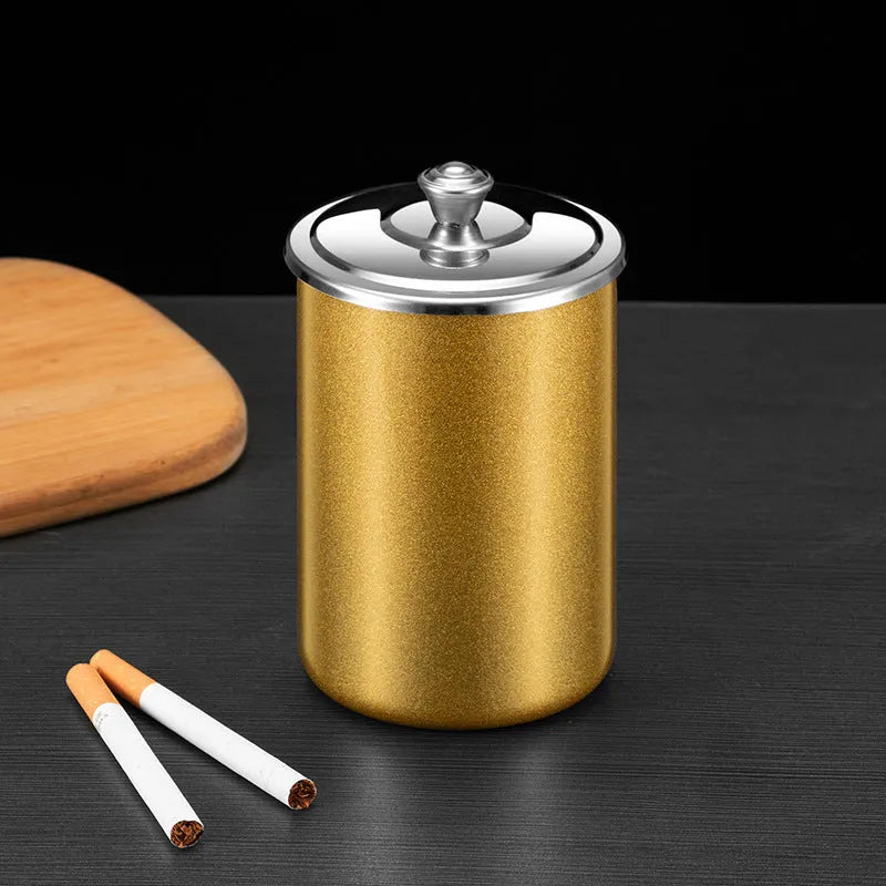Stainless steel fly ash ashtray with a removable cover, funnel, and smoke button.