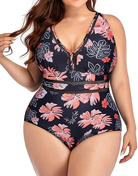 Black printed plus size women's bikini swimwear in polyester mesh fabric with stitching detail