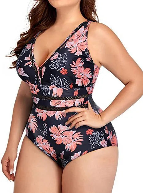 Black printed plus size women's bikini swimwear in polyester mesh fabric with stitching detail