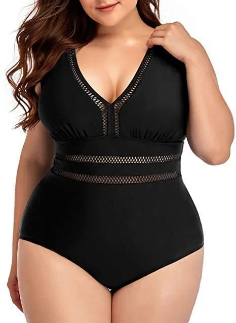Black printed plus size women's bikini swimwear in polyester mesh fabric with stitching detail