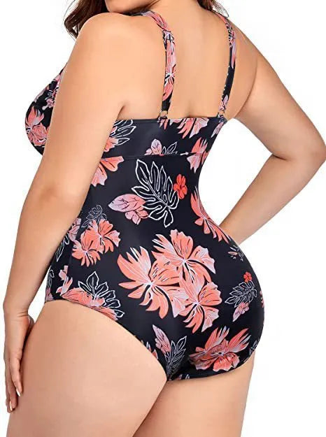 Black printed plus size women's bikini swimwear in polyester mesh fabric with stitching detail