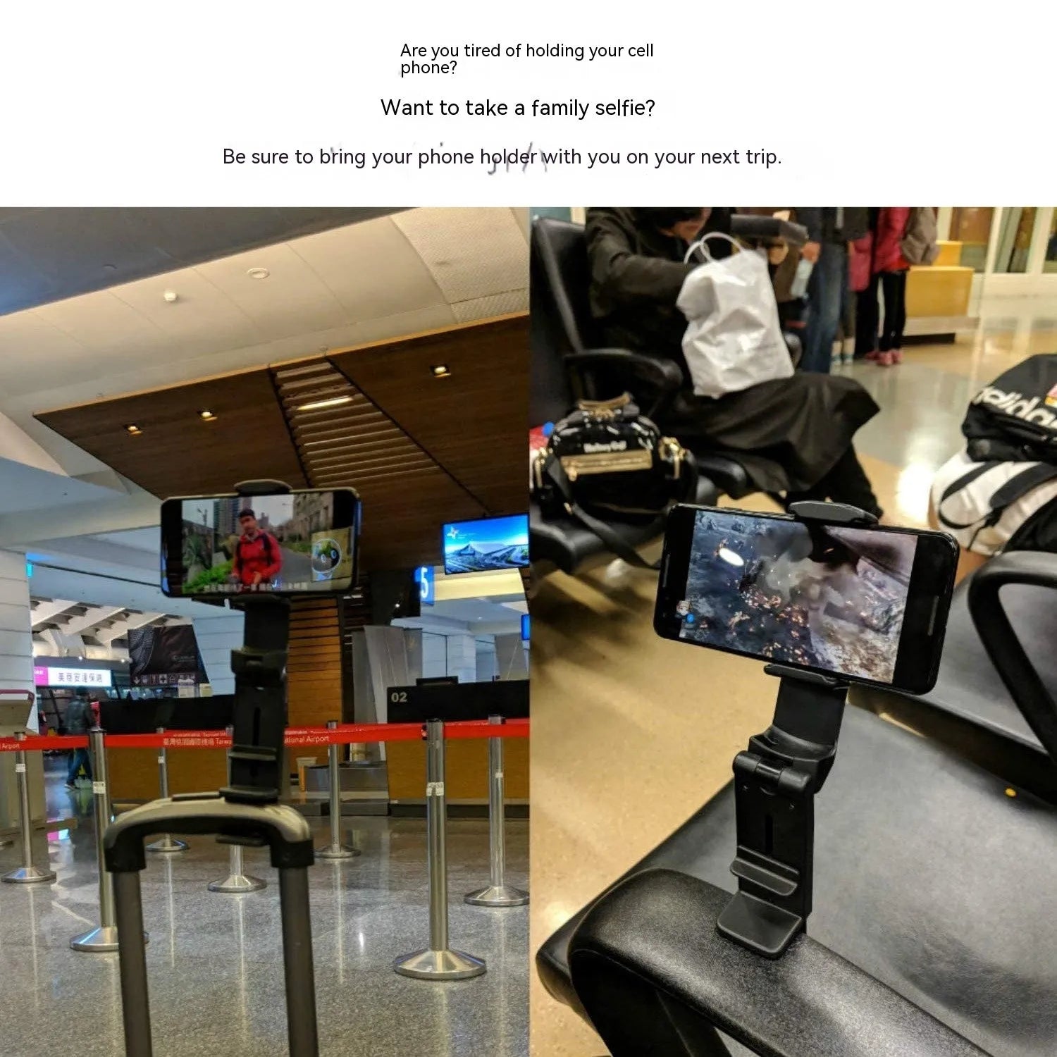 Black foldable rotating universal phone holder made of ABS plastic on a table.
