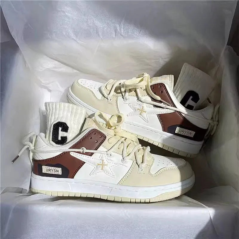 Women's mesh lace-up casual white sneakers with low heel, round toe, and beige brown colour option