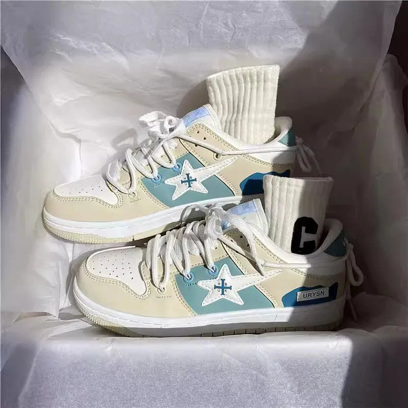 Women's mesh lace-up casual white sneakers with low heel, round toe, and beige brown colour option