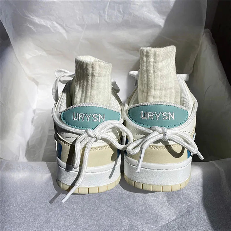 Women's mesh lace-up casual white sneakers with low heel, round toe, and beige brown colour option