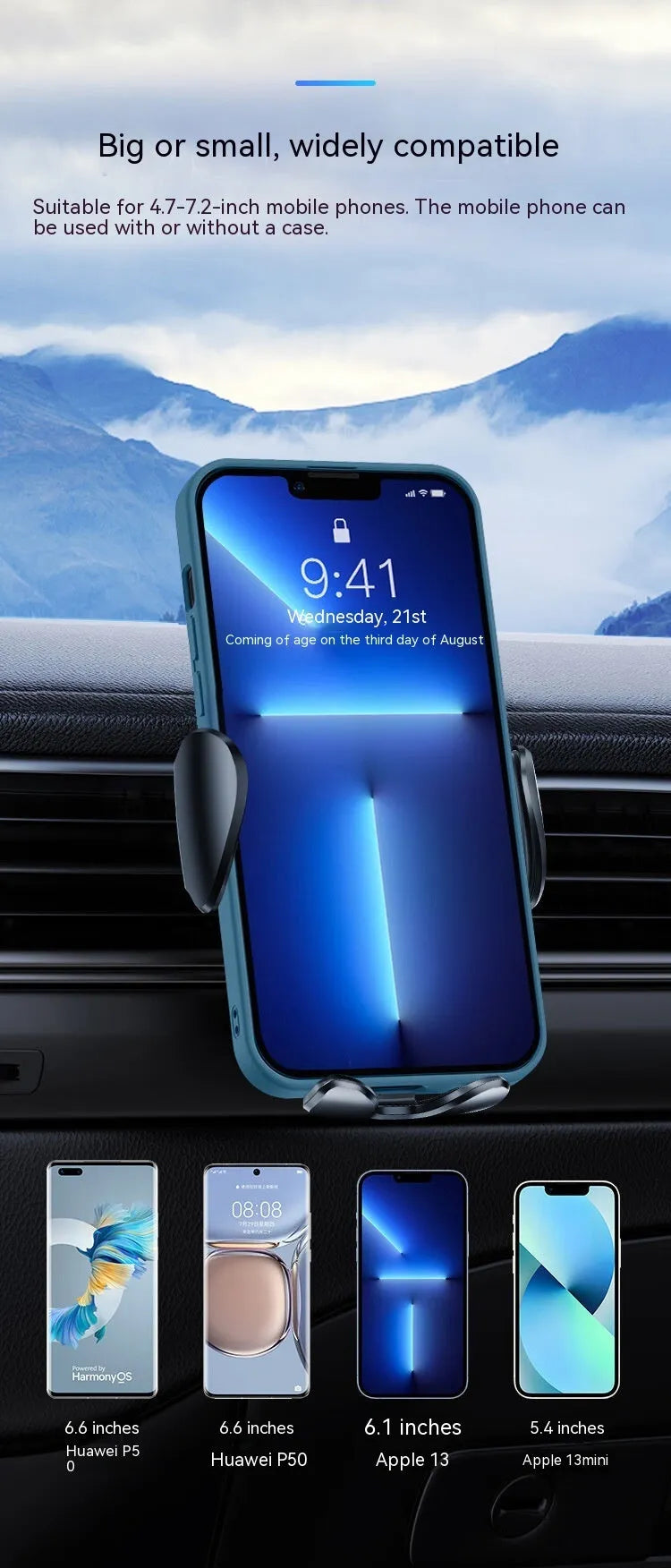 Black car air vent phone bracket with adjustable arms for universal smartphone mounting
