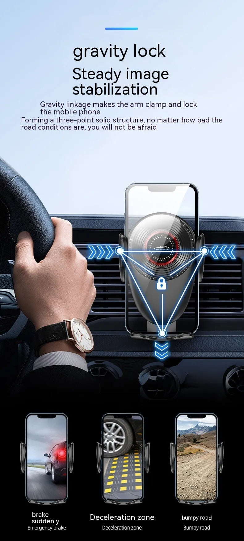 Black car air vent phone bracket with adjustable arms for universal smartphone mounting
