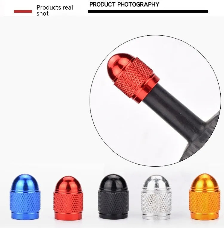 Aluminium mountain bike air valve cap in assorted colours: black, blue, gold, silver, red.