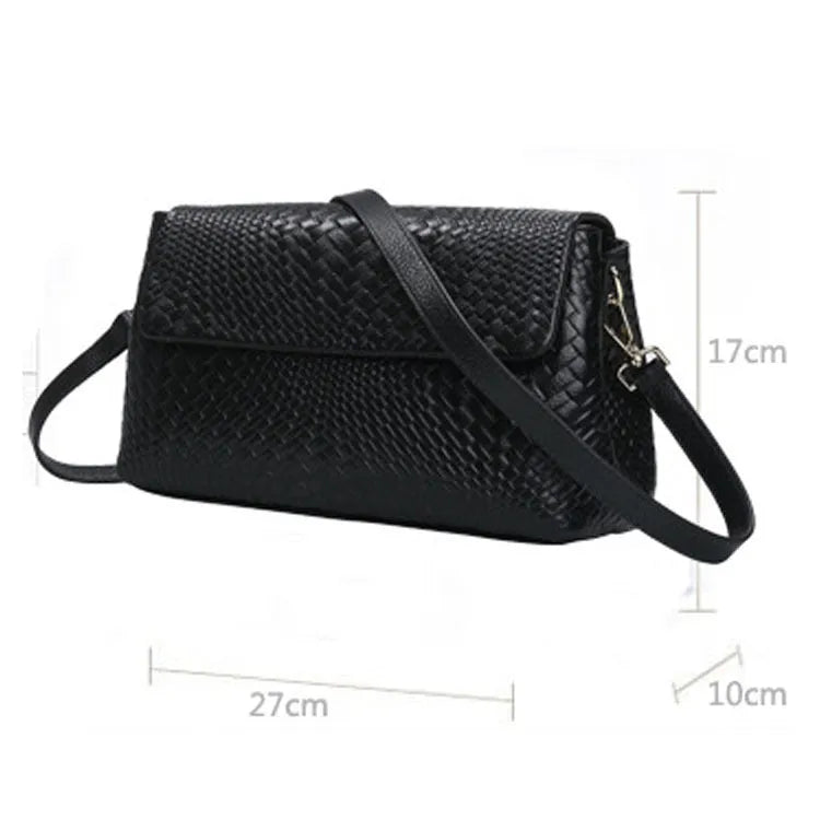 Genuine leather woven crossbody bag black first layer cowhide embossed finish horizontal square shape single shoulder strap