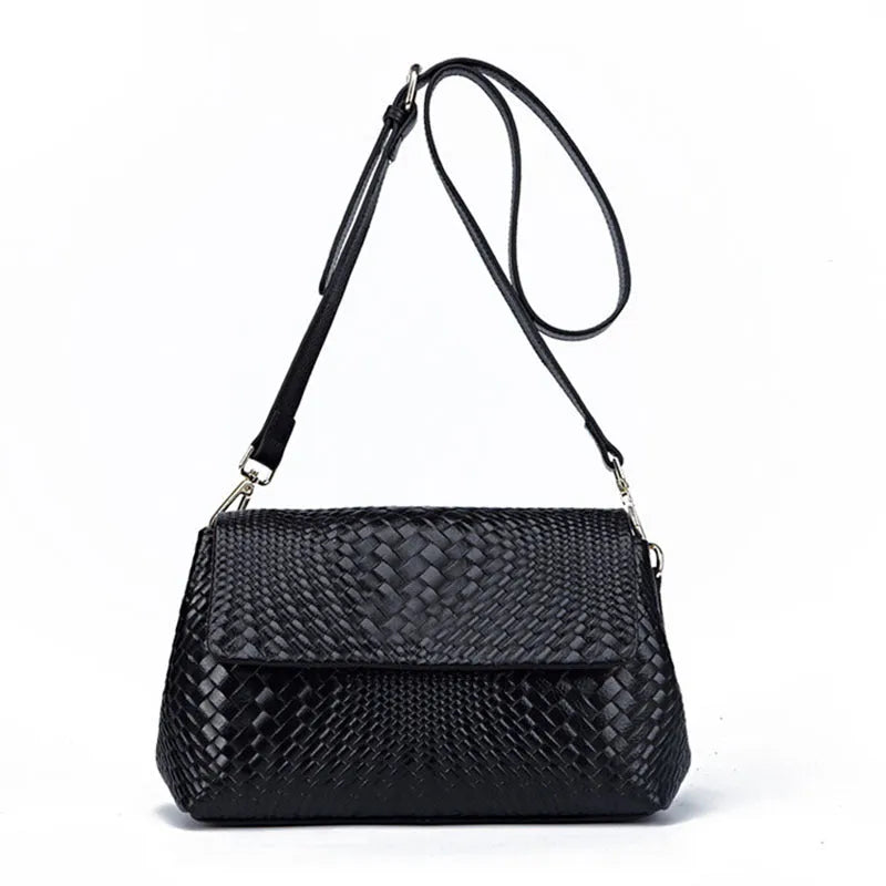 Genuine leather woven crossbody bag black first layer cowhide embossed finish horizontal square shape single shoulder strap
