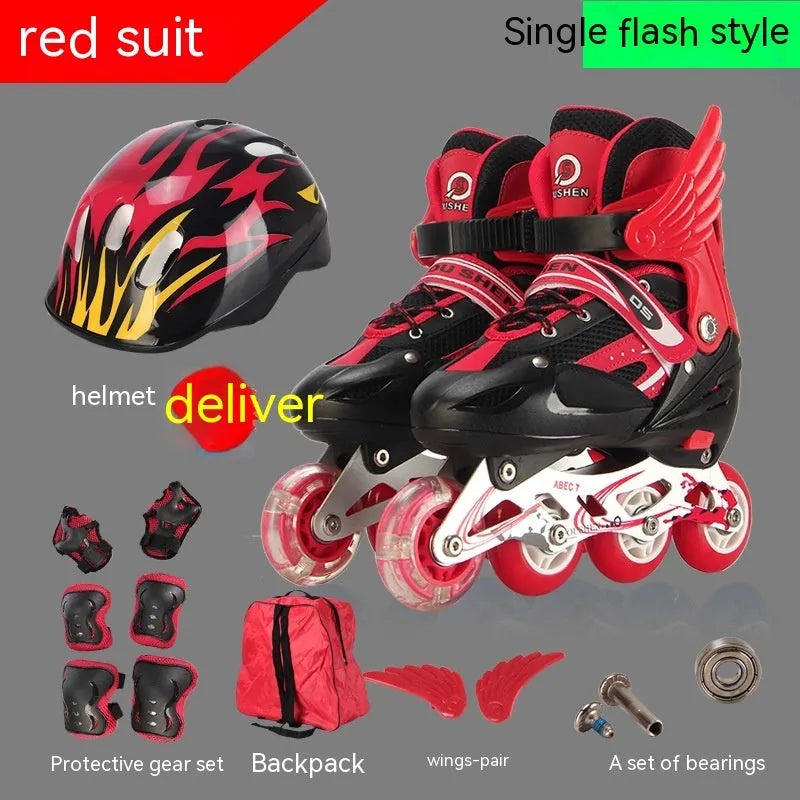 Children's adjustable PU roller skates in red with aluminium frame, shown with matching helmet, protective pads, and backpack.