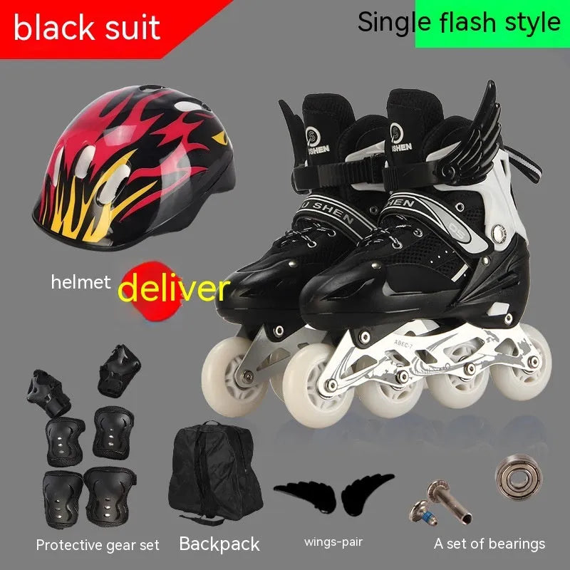 Children's adjustable PU roller skates in red with aluminium frame, shown with matching helmet, protective pads, and backpack.
