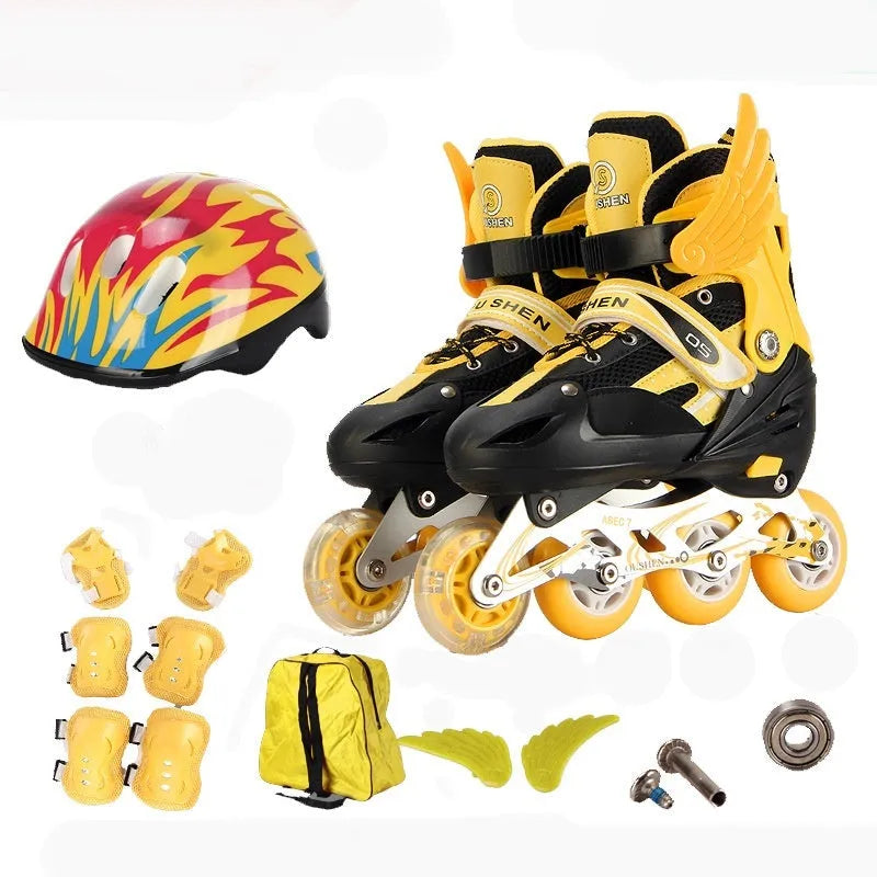 Children's adjustable PU roller skates in red with aluminium frame, shown with matching helmet, protective pads, and backpack.