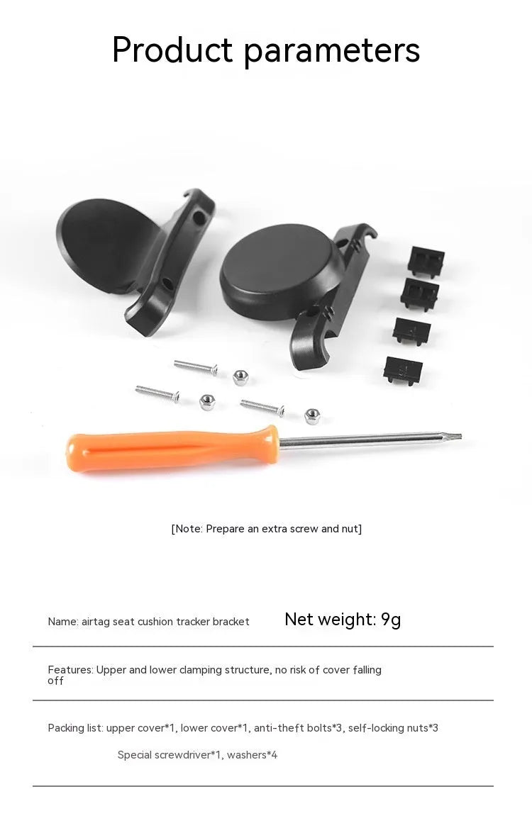 Black ABS plastic bicycle tracking device bracket kit with anti-theft bolts for seat bow mounting