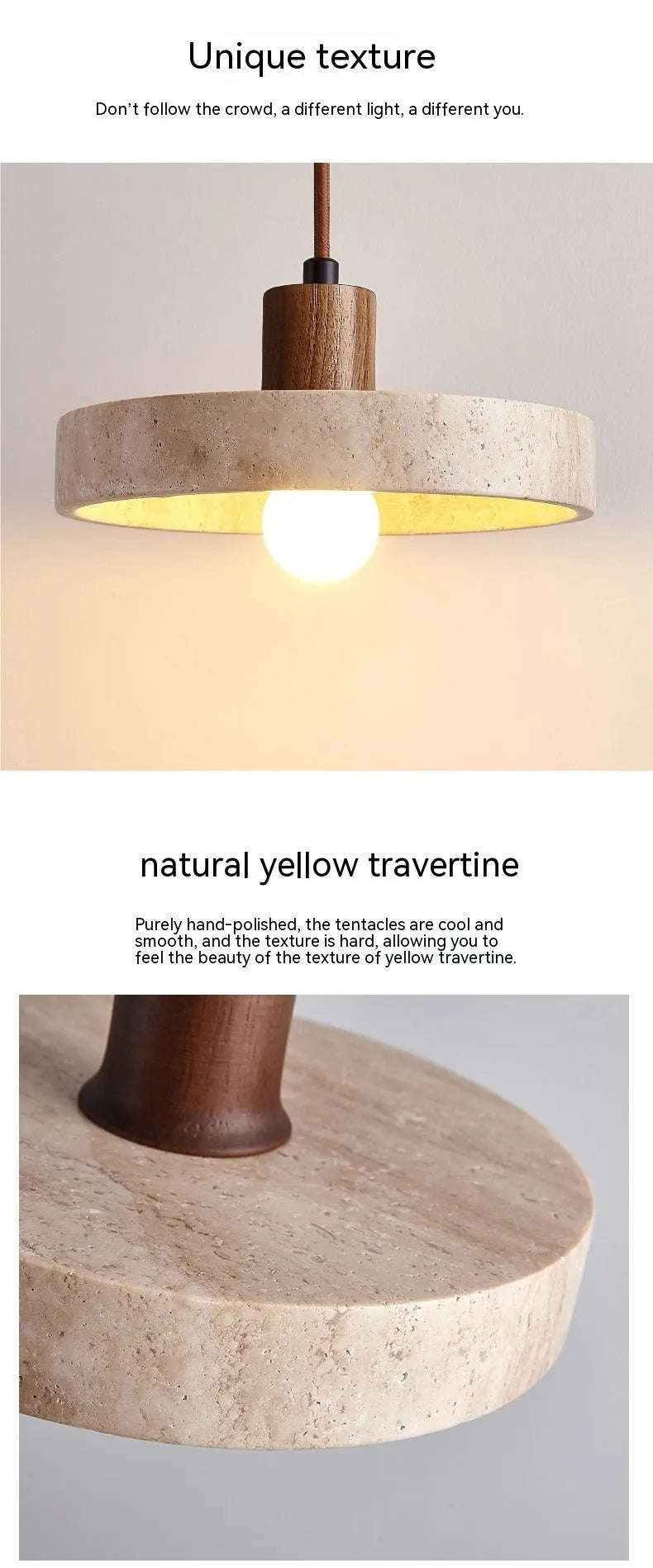 Small yellow cave stone and solid wood pendant light on a bedside table, 21 cm diameter, wood colour option