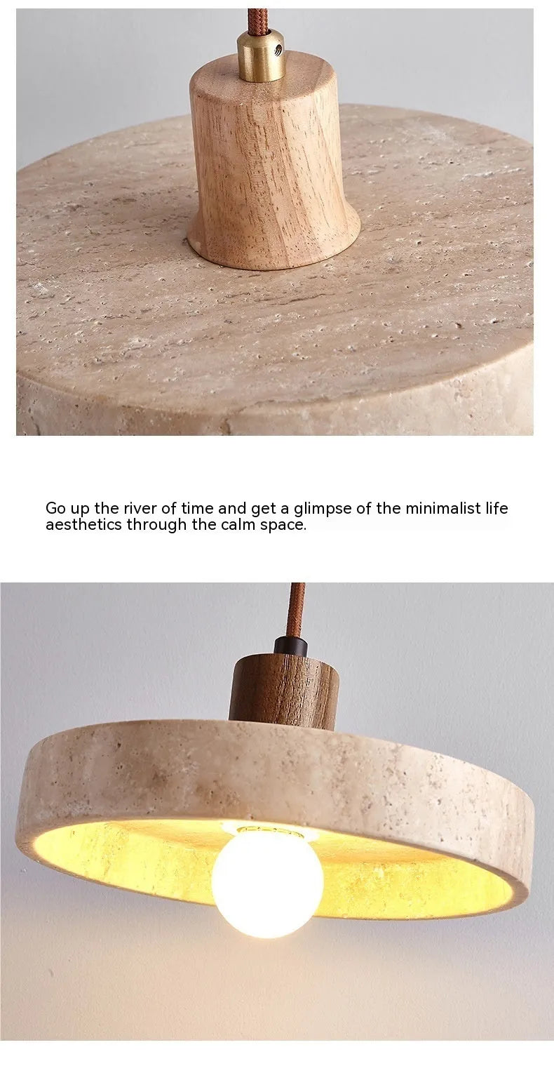Small yellow cave stone and solid wood pendant light on a bedside table, 21 cm diameter, wood colour option