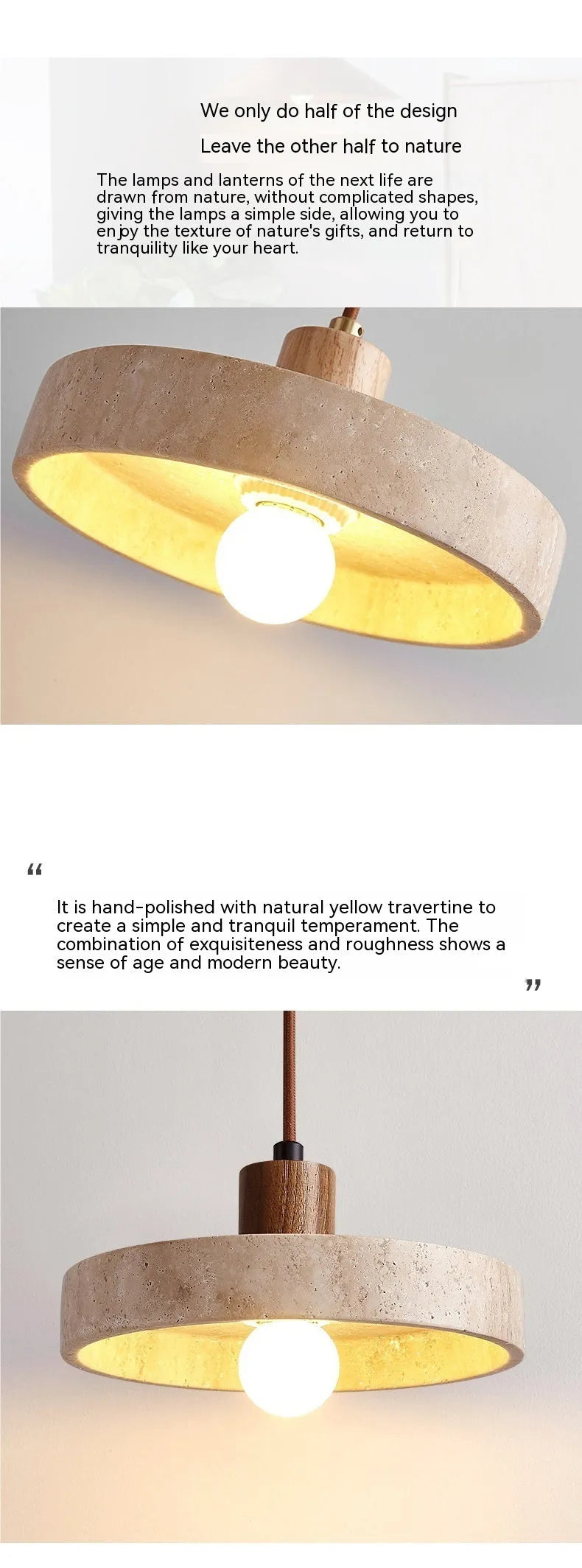 Small yellow cave stone and solid wood pendant light on a bedside table, 21 cm diameter, wood colour option