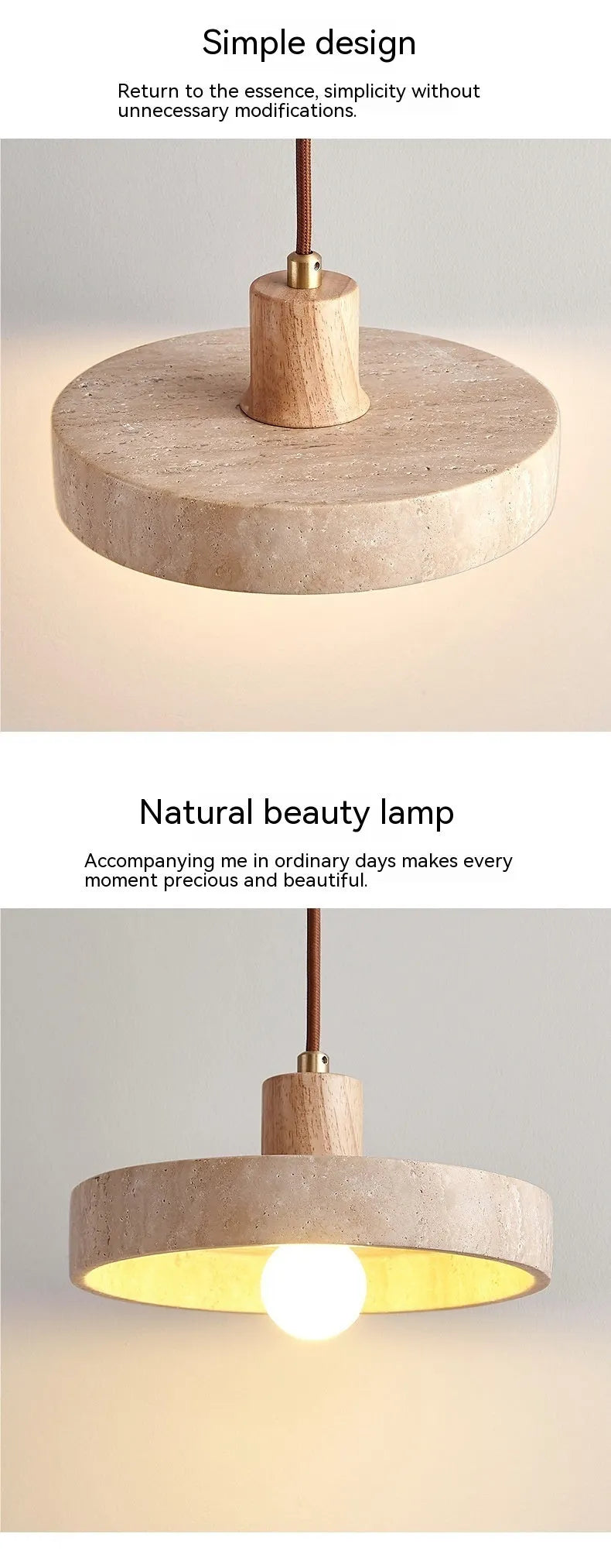 Small yellow cave stone and solid wood pendant light on a bedside table, 21 cm diameter, wood colour option