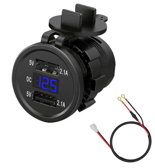 Waterproof snap-on motorcycle car charger with USB output, fast charging, 8-30V input, blue green or red light