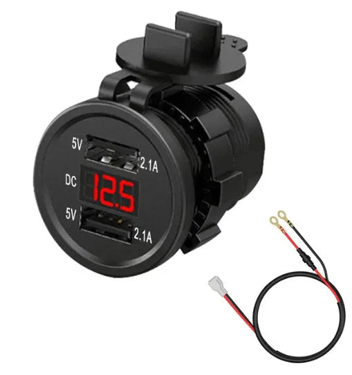 Waterproof snap-on motorcycle car charger with USB output, fast charging, 8-30V input, blue green or red light