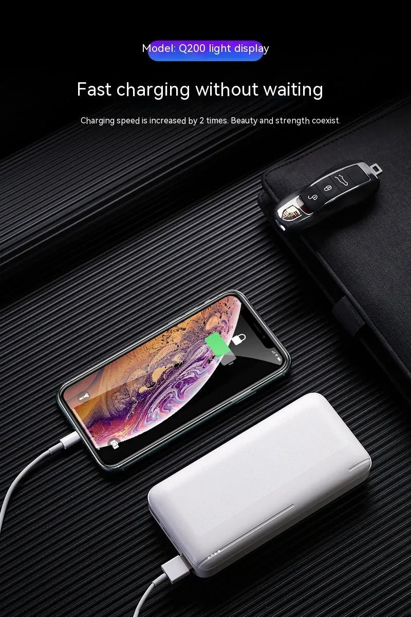 Ultra-thin plastic power bank with light display screen in black, 138 x 68 x 28mm