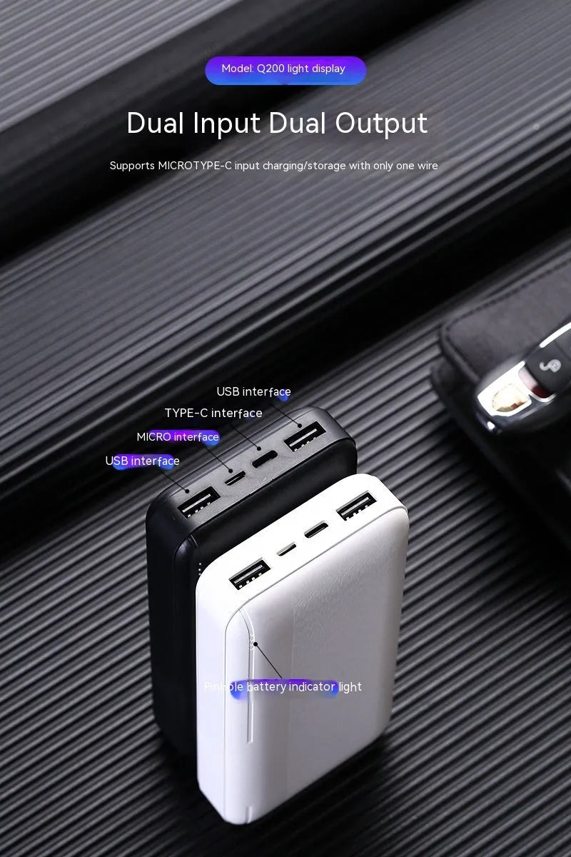 Ultra-thin plastic power bank with light display screen in black, 138 x 68 x 28mm