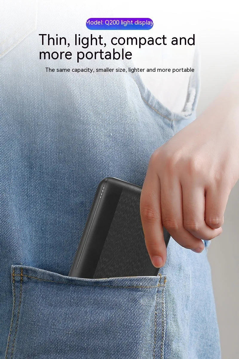 Ultra-thin plastic power bank with light display screen in black, 138 x 68 x 28mm