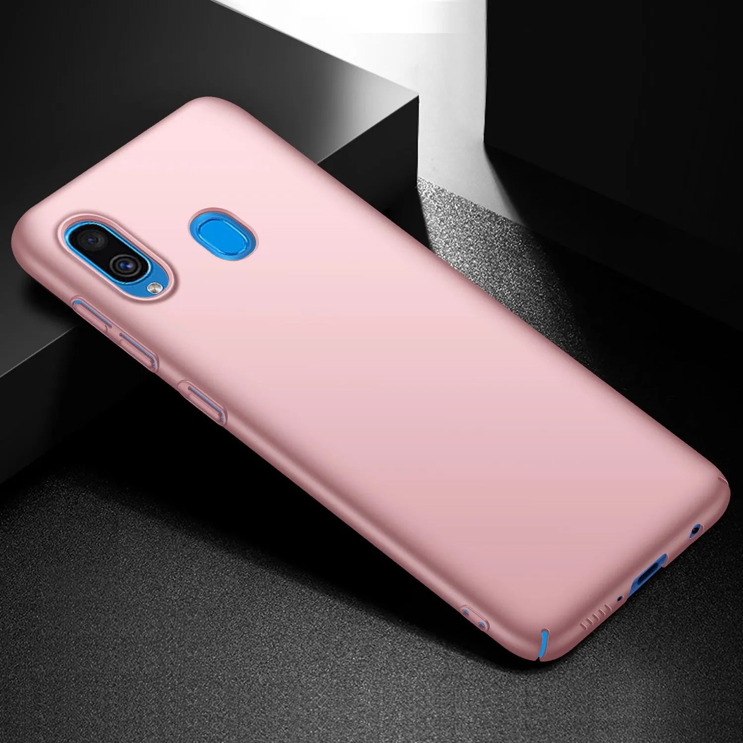 Galaxy A20 frosted PC phone case in Graphite Black shown as back cover