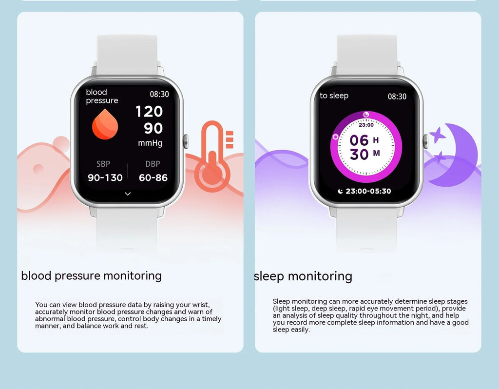 Bluetooth smart watch with heart rate monitor on wrist in black, pink, silver grey, or khaki colour.