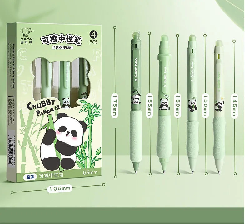 Erasable cartoon-themed gel pen with press button and 0.5mm tip in black and blue options.