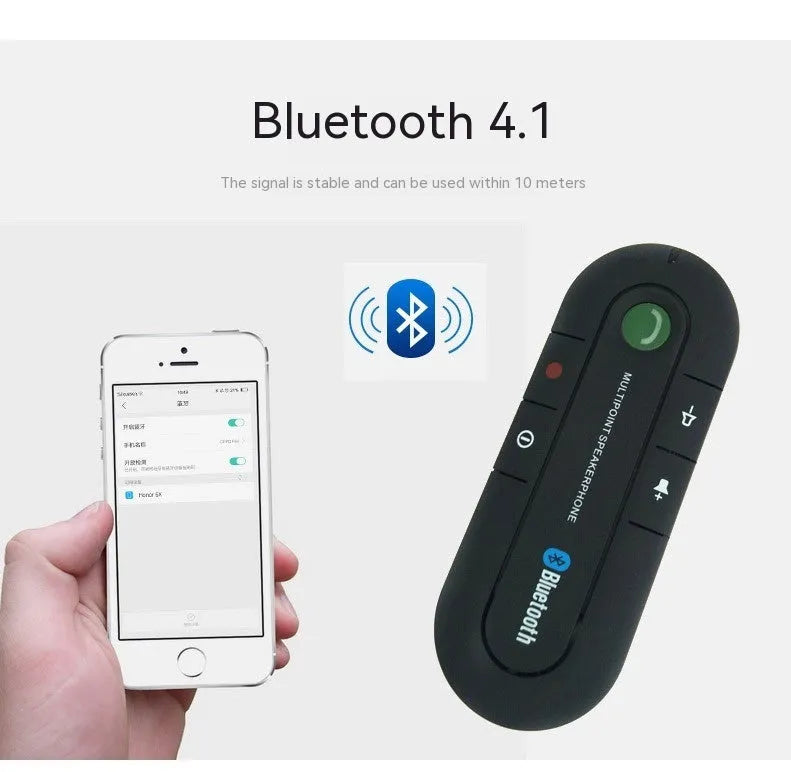Black vehicle-mounted Bluetooth handsfree and music player device attached to a car sun visor.
