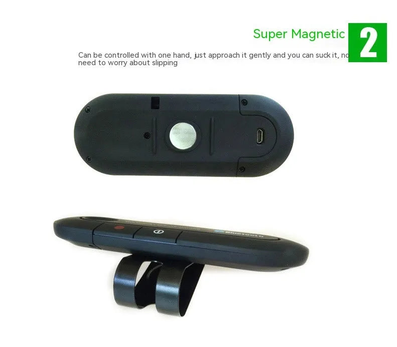 Black vehicle-mounted Bluetooth handsfree and music player device attached to a car sun visor.