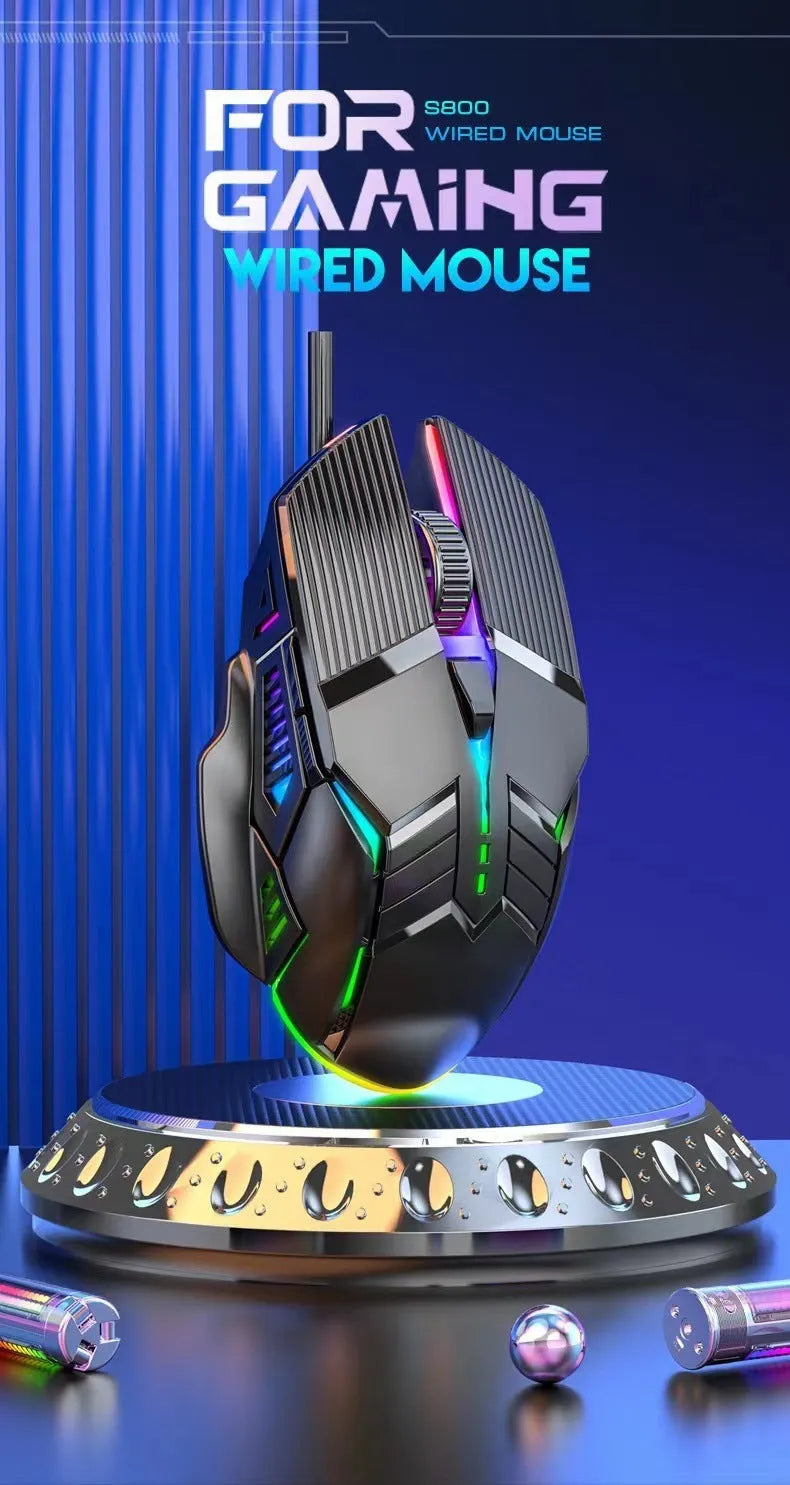 6D colourful luminous wired mouse in black, white, or pink with USB cable for desktop gaming or office use