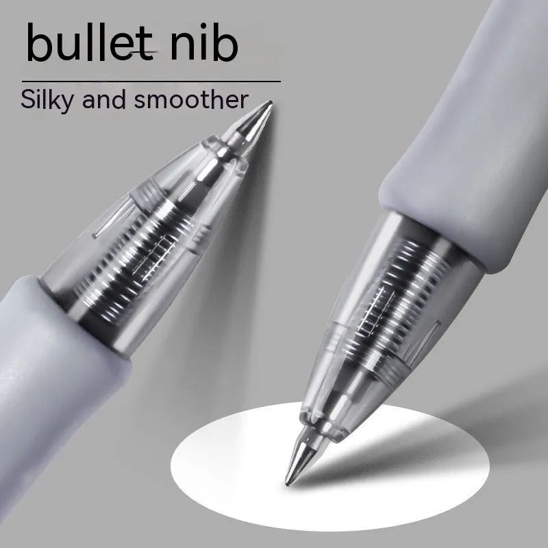 A single plastic gel pen with a 0.5mm tip, shown in black, blue, and red ink colour options.