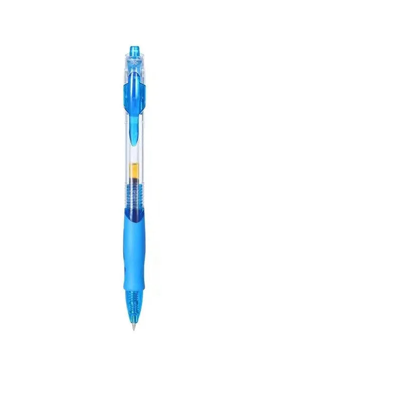 A single plastic gel pen with a 0.5mm tip, shown in black, blue, and red ink colour options.