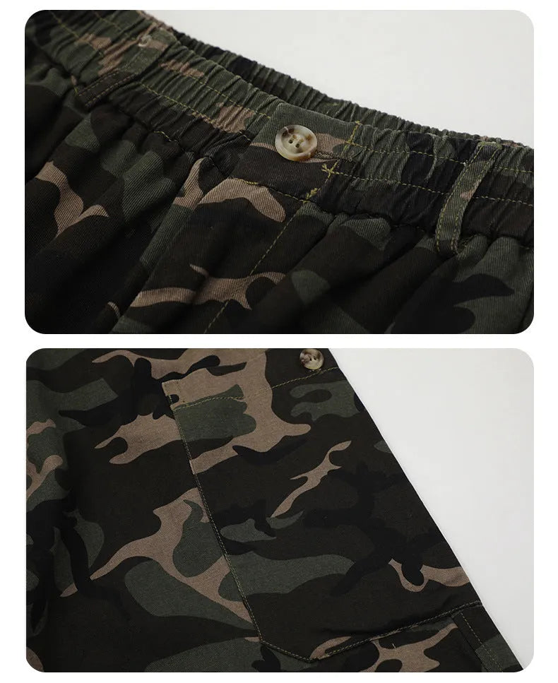 Camouflage cotton cargo pants with adjustable leg shaping for men and teens, mid waist straight type