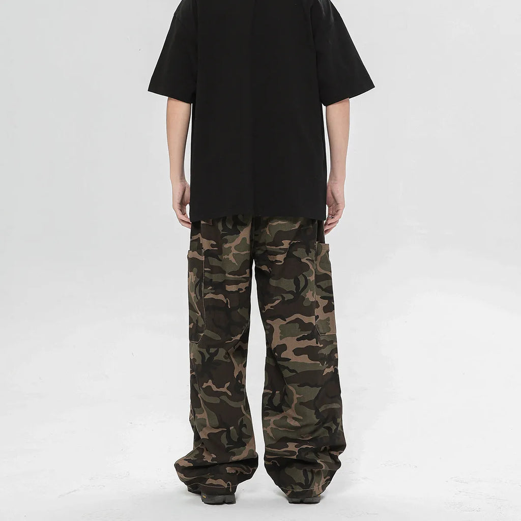 Camouflage cotton cargo pants with adjustable leg shaping for men and teens, mid waist straight type