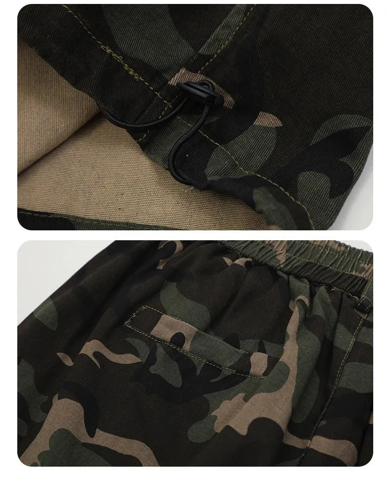 Camouflage cotton cargo pants with adjustable leg shaping for men and teens, mid waist straight type