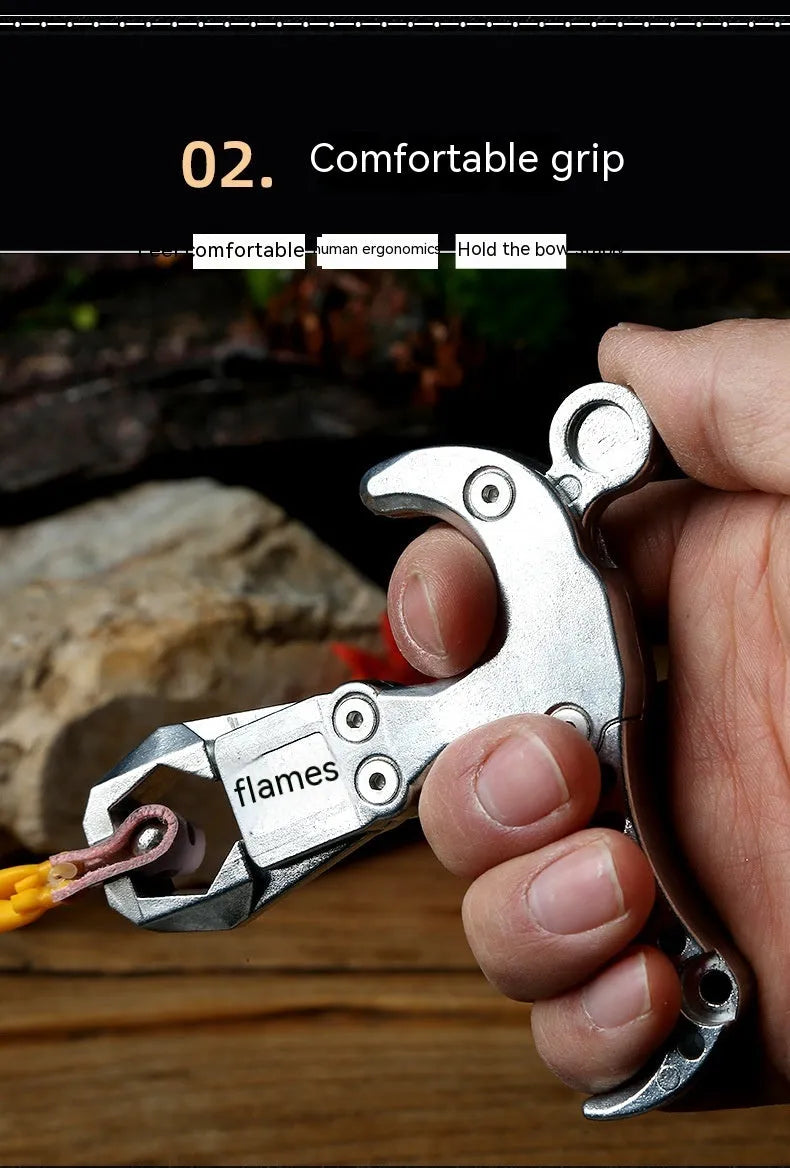 Zinc alloy archery release aid showing two-axis harpoon clip mechanism
