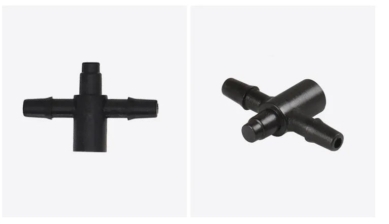 PE plastic tee water distributor joint for garden and agricultural irrigation systems.