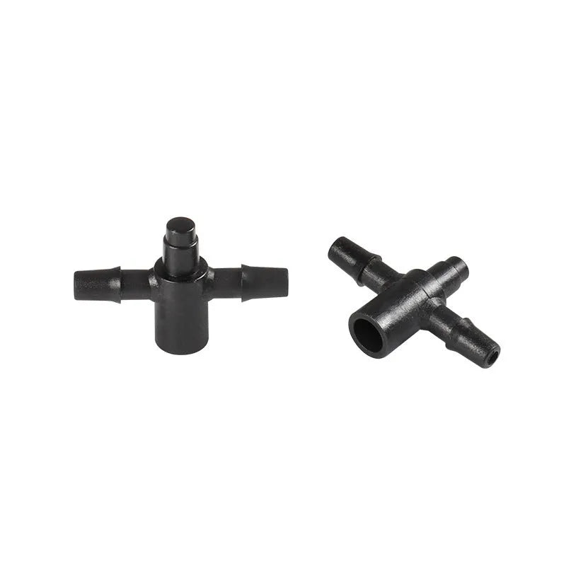 PE plastic tee water distributor joint for garden and agricultural irrigation systems.