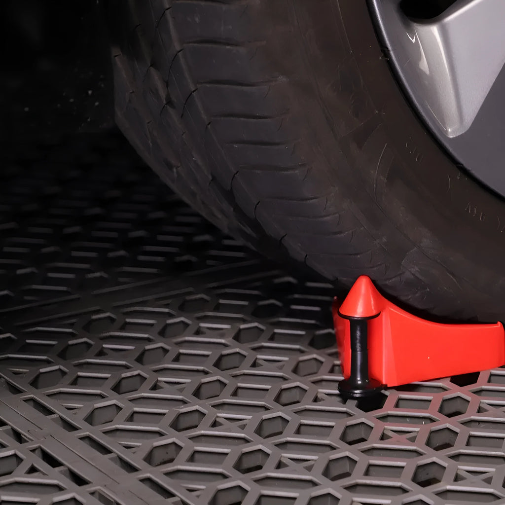 Red plastic triangle car parking blocks with rubber non-slip brackets, set of four