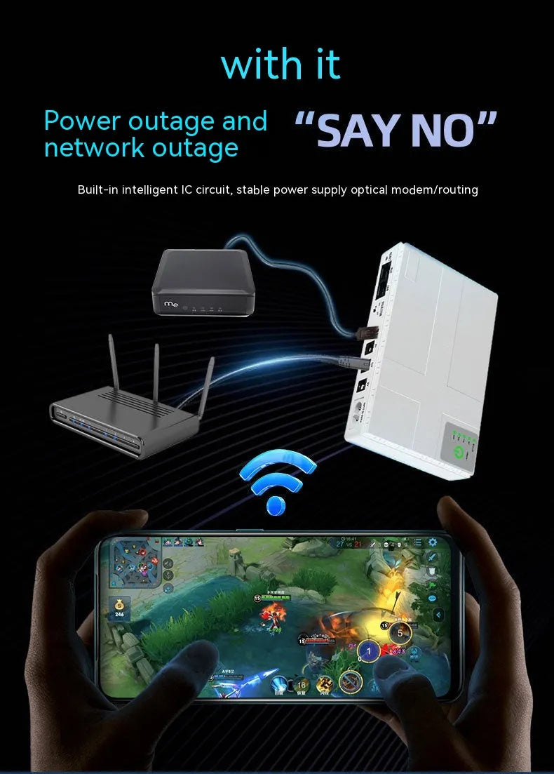 Black miniUPS for router backup with 8800mAh capacity and compact 160x105x33mm size