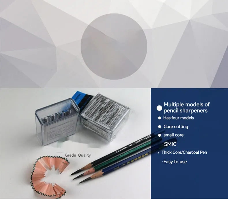 Geometric plastic pencil sharpener with four holes, shown with blades and a screwdriver.