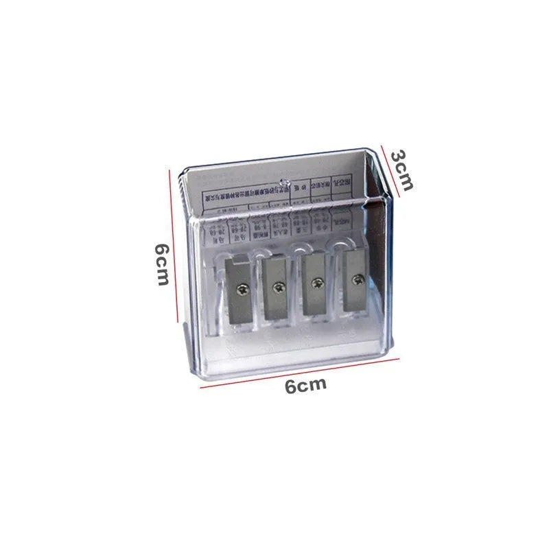 Geometric plastic pencil sharpener with four holes, shown with blades and a screwdriver.
